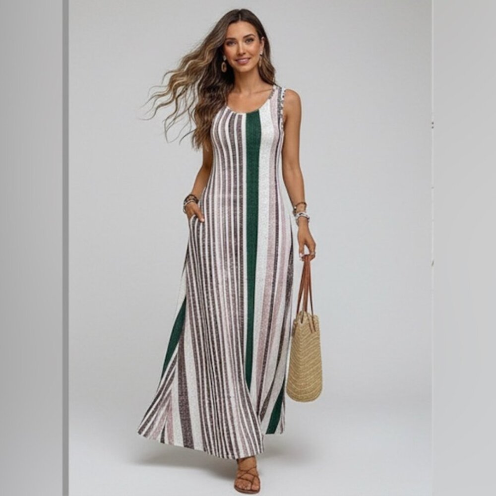 LAST ONE 🔥 Boho Striped Round Neck Sleeveless Dress With Pockets